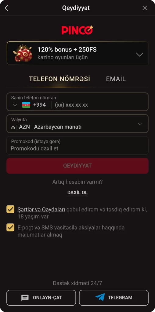 Pinco tətbiqində qeydiyyat