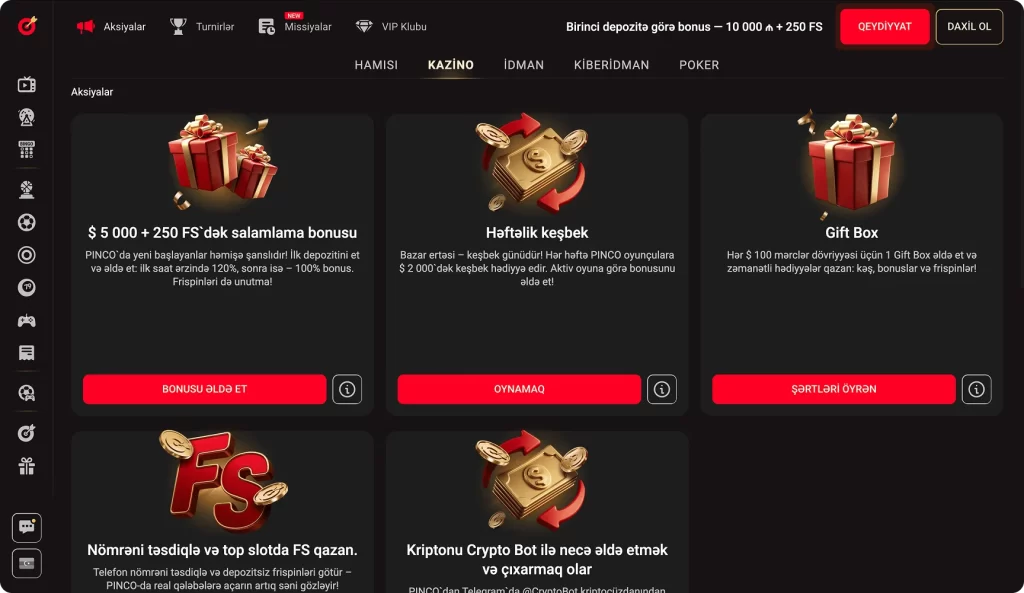 Pinco bonuslar və promosyonlar