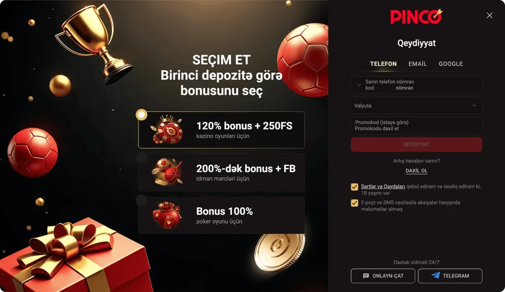 Rəsmi Pinco veb saytında qeydiyyat